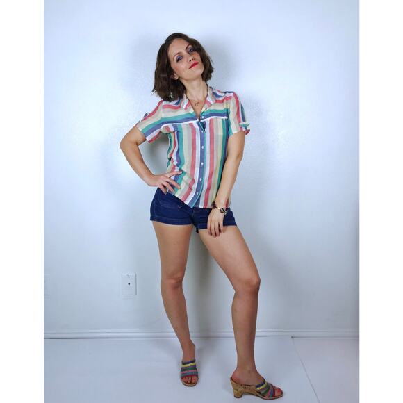 vintage 80s COLORFUL STRIPED Paper Thin BLOUSE soft Large button down shirt top - Picture 3 of 10